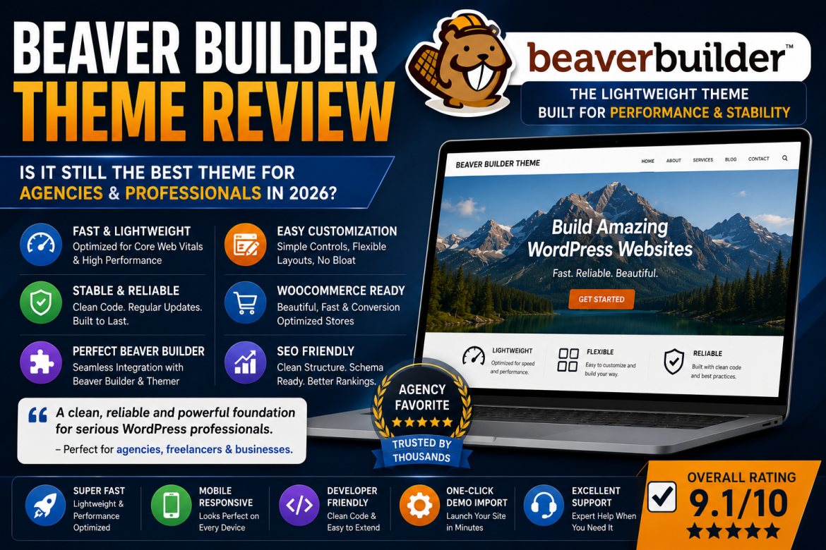 Beaver Builder Theme Review 2026 covering performance, Core Web Vitals, SEO optimization, customization, WooCommerce support, Beaver Builder integration, and agency workflows.